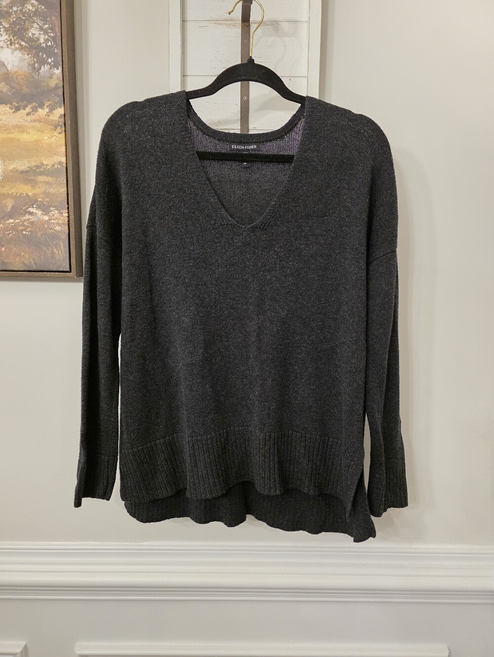 Eileen Fisher Charcoal Gray V Neck Knit Sweater Size Small